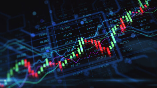 Perspective view on growing up financial chart candlestick and diagram on digital forex market screen background, investing and stock market concept. 3D rendering