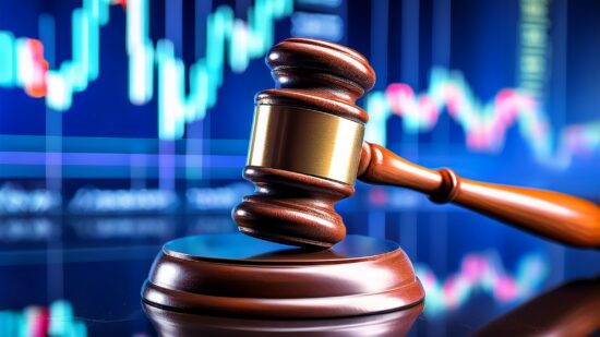 a wooden gavel rests on a reflective surface in front of a stock market chart symbolizing the intersection of law and finance
