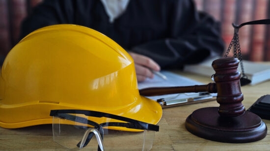 Court scene with hard hat, safety glasses, and gavel on desk during legal proceedings related