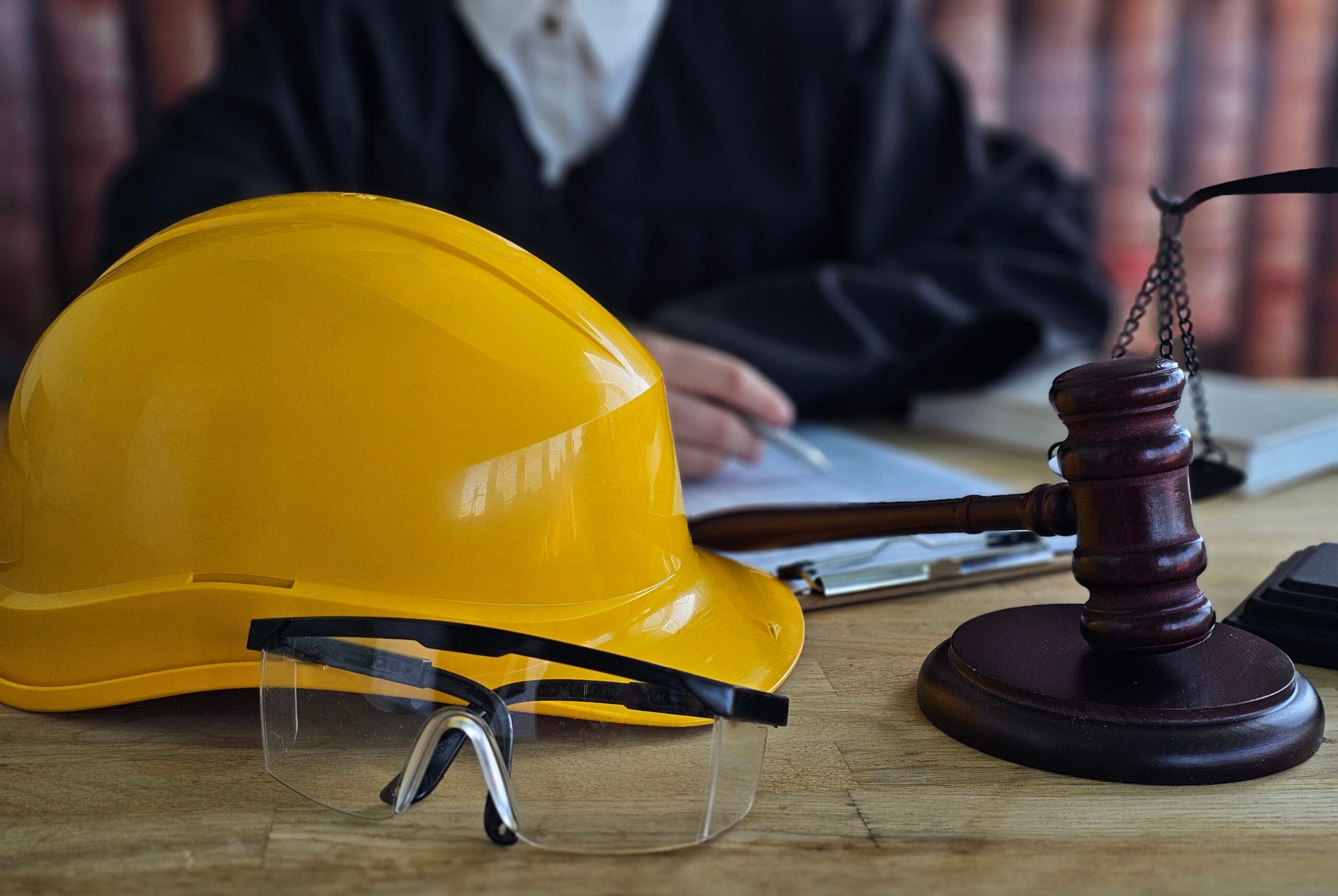 Court scene with hard hat, safety glasses, and gavel on desk during legal proceedings related