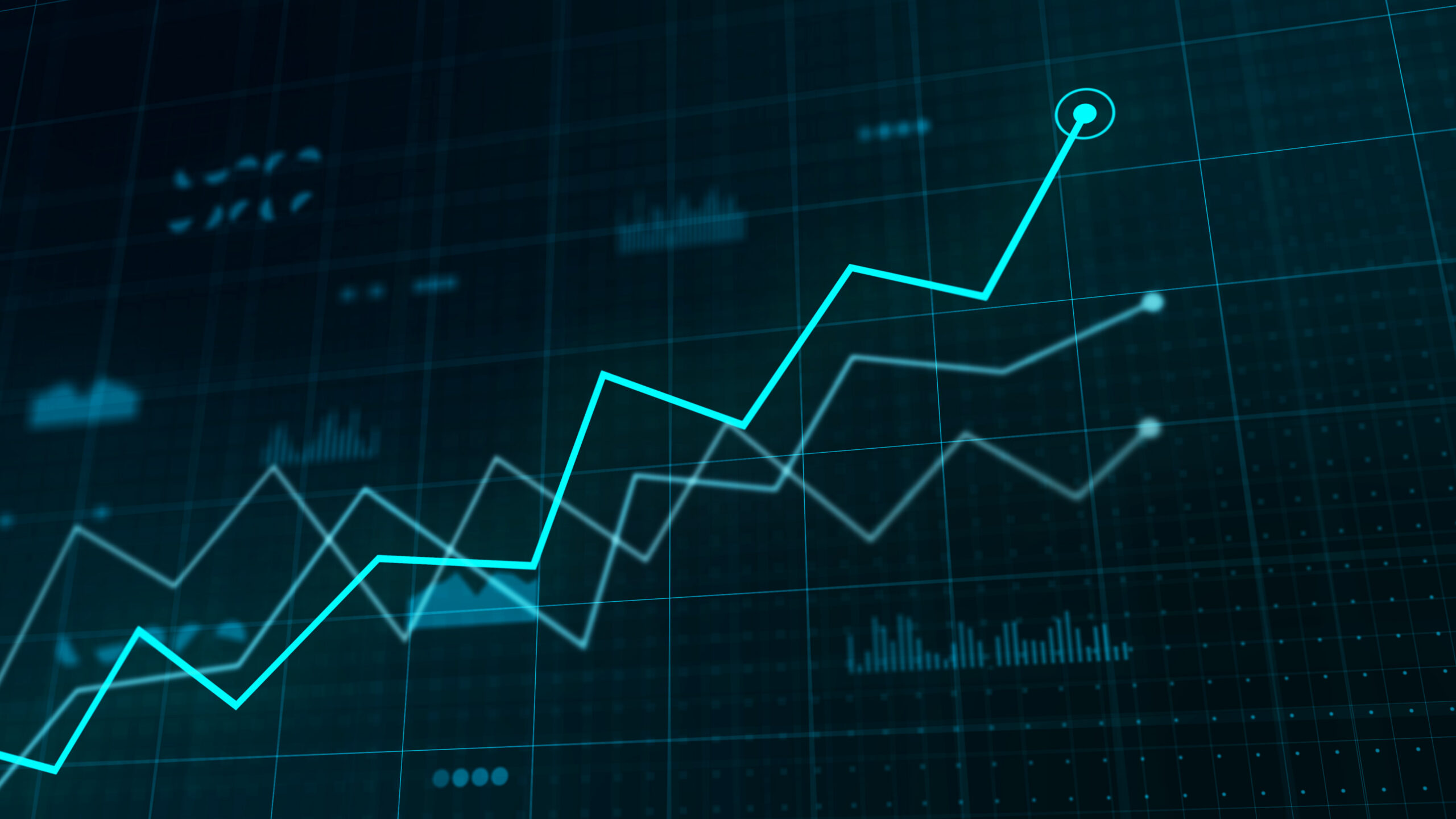 Growing line charts business competition concept - Hi tech digital style blue and cyan computer illustration.